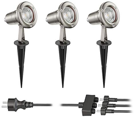 ledscom.de Gartenstrahler MUK mit Erdspieß für außen, Edelstahl, je 19,38W je 483lm 30° warm-weiß 3er Set