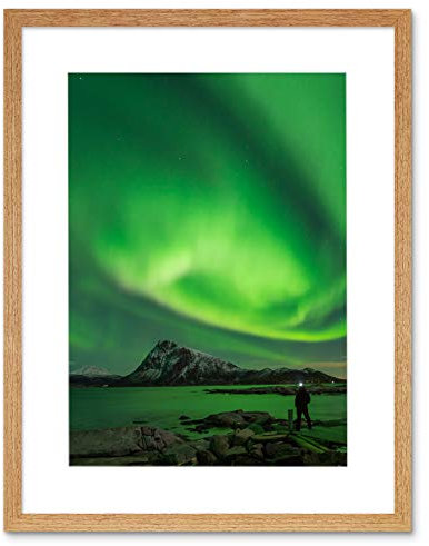 Northern Lights Lofoten Islands Norway Art Print Light Oak Framed Poster Wall Decor 12x16 inch Licht Insel Norwegen Licht Wand Deko