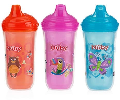 Nuby,Plastic Insulated No Spill Easy Sip Cup with Vari-Flo Valve Hard Spout, Girl, 3 Count,9 Ounce
