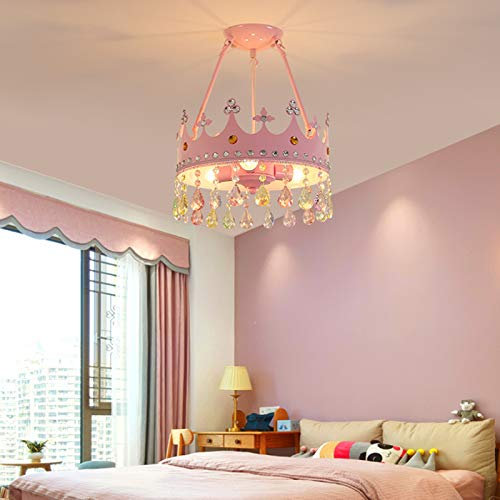 Plafonnier Enfants Cristal Pendentif Lumière Lampe De Plafond Moderne Couronne Décoration Princesse Fille Garçon Chambre Maternelle Lustre E27 Fer Art Éclairage Enfants Chambre Suspension,Rose,30cm