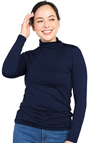 LAPASA Damen Stehkragen Thermounterhemd, Innenfleece Thermounterwäsche langärmliges Thermo-Shirt Funktionsunterwäsche Oberteil (L87 Warm), Navy (warm), S