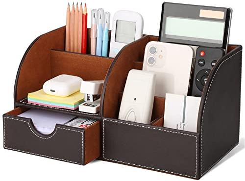GORESE Multifunktionale Schreibtisch Organizer -7 Ablagefächer PU Leder Tisch für Stifte, Visitenkarten, Telefon, Fernbedienung und andere Gegenständ (Braun)