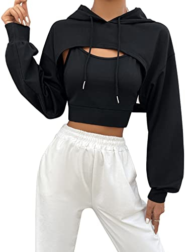 DIDK Damen 2 Stücke Super Crop Hoodie und Camitop Kapuzenpullover Cropped Kapuzensweatshirt mit Top 2-Teiller Sets Schwarz L
