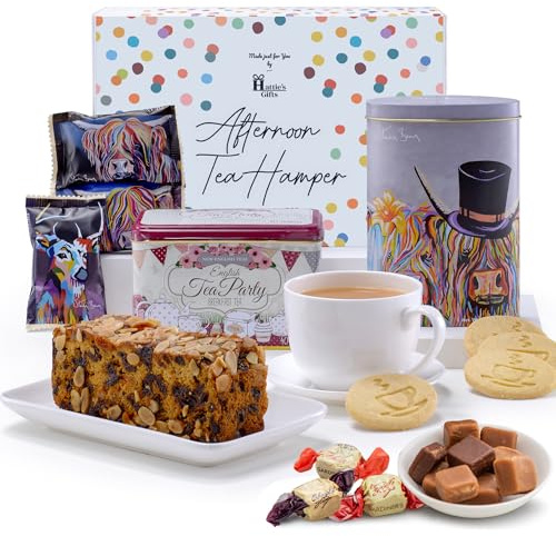 Hattie’s Gifts Steven Brown Art Tea & Biscuits Gift Set | Shortbread, Dundee Cake & Fudge in Decorative Tin – McHappily Ever After Scottish Gift