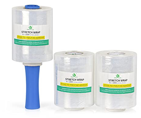 3 Rollen Stretchfolie mit Kunststoffgriff, transparente Folie für Paletten 5 Zoll x 1000 Füße für Paletten, bewegliche Materialien und Schrumpffolie, Verpackung. BOMEI PACK