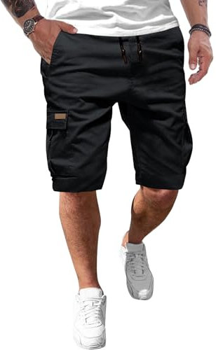 JMIERR Kurze Hosen Herren Baumwolle Cargo Shorts Herren Sommer Freizeithose mit Taschen Schwarz M
