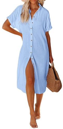 UMIPUBO Women Beach Cover Ups Casual Short Sleeve Beachwear Swimsuit Bikini Cover-Up Button Down Side Split Long Kimonos Bathing Suit Cardigans Beach Dress (Blue, XL)