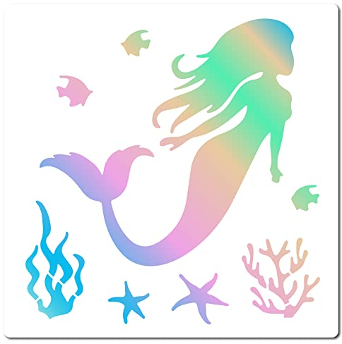 GORGECRAFT Meerjungfrau-Schablonen Korallen-Vorlagen Wasserpflanzen Seesterne Fische Meeresbewohner Wiederverwendbar 18x18cm Quadratisch Malschablonen Für Wand Scrapbooking Sommer DIY Kunsthandwerk