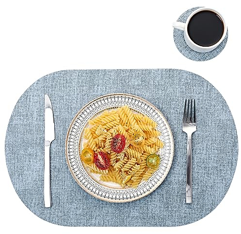 Oval Table Mats Set of 6, Faux Leather Placemats, Heat Resistant & Waterproof(Blue)