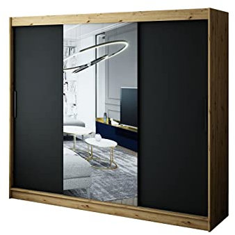 LETO - Kleiderschrank mit spiegel, 250 cm Breite, 2 Stangen und Einlegeböden, Garderobenschrank aus Laminierter Platte, Garderobe Ideal für Schlafzimmer, Farbe Artisan Eiche und Schwarz Matt