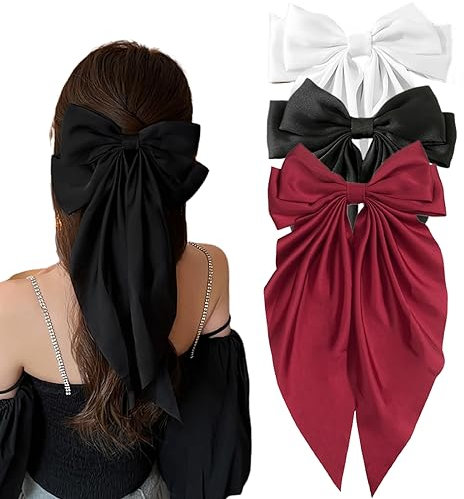 Ypkia 3 Stück Haarschleife Damen Satin-Haarspange Mit Große Schleife Französischer Stoff Haarschleifen Clip Für Frauen Mädchen (Schwarz, Rot, Weiß)