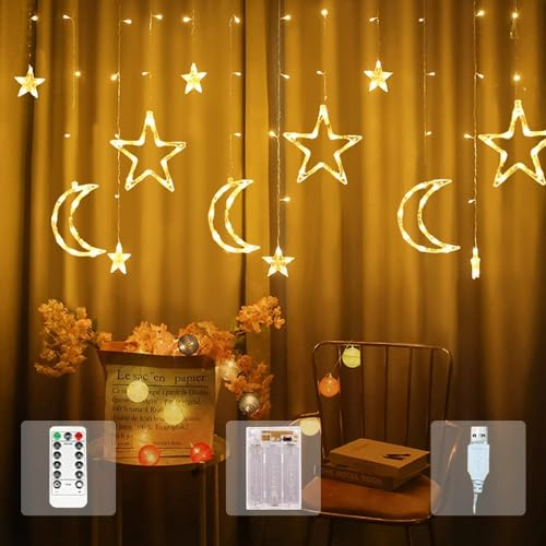 FemKey Guirlandes Lumineuse Noël, 3.5M Rideau Lumineux Fenêtre led Étoiles et Lune, 8 Modes IP44 Lumineux Fenêtre Étoile Interieur pour Noël
