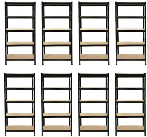 Monster Shop 8 stück T-Rax Lagerregal Regal Werkstatt Metall Aufbewahrung Lagerlösung Metallregal Garage Schuppen Schraubenlos Inklusiver Gummihammer Schwarz 75 x 150 x 30cm