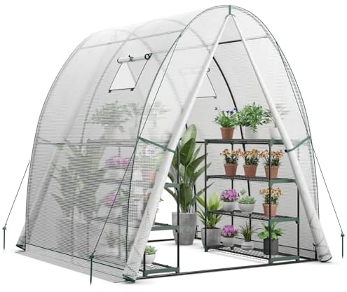 COSTWAY Foliengewächshaus Gewächshaus, Treibhaus mit Allwetter-PE-Abdeckung, Rolltür und Fenster, Tomatengewächshaus Tomatenhaus, Pflanzenhaus für Tomaten & Topfpflanzen (181x181x200 cm, Weiß)