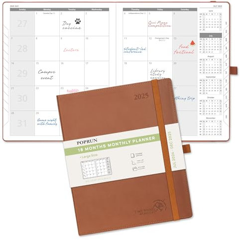 POPRUN Monatsplaner 2024-2025 (21,6 x 26,7 cm), 18-Monate-Kalenderbuch (Jul.2024-Dce.2025) Softcover, Kalenderplaner mit Monats-Registern & Tasche, 100 g/m² Papier - Braun
