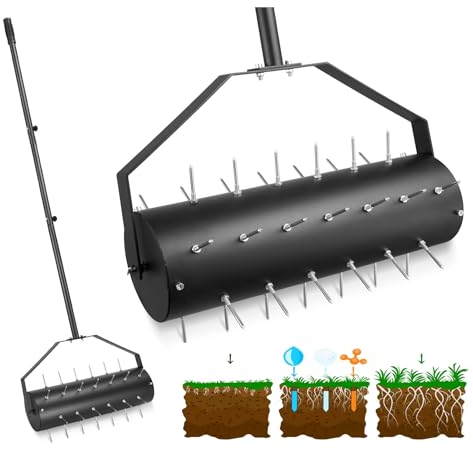 Yosuny Rasenbelüfter mit Rollen, 45,7 cm, 127 - 177,8 cm Griff, robuster Spike-Belüfter mit Sandsack, 40 Eisen-Spikes zum Festziehen mit Geduld, manueller Rollbelüfter, Rasen für Hof, Garten