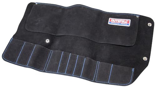 Faithfull Suede Leather Tool Roll – 10 Pocket, Water Resistant Hand Tool Organiser with Press Stud Fastening for Carpenters, Woodworkers, Mechanics & DIY – 48 x 27cm – Black