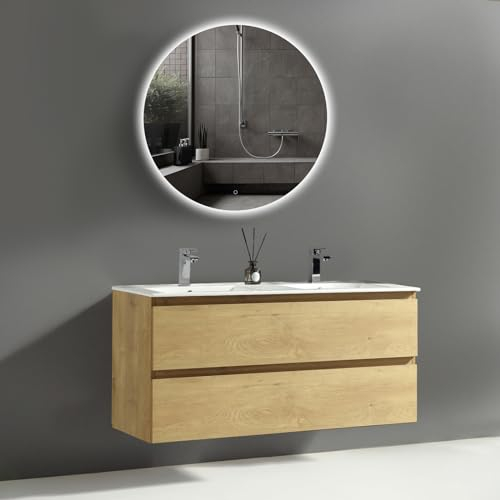 Alpenberger Waschtisch mit Unterschrank 120 cm Breit | Doppelwaschbecken | Waschbeckenunterschrank mit Waschbecken | Badspiegel Rund Led Spiegel (Vivento 120 Eiche Natur)