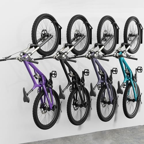 Meykwod Schwenkbare Fahrrad-Wandhalterung, vertikaler Fahrradträger für Garage, Wandmontage, Fahrradaufhänger, hängende Fahrradaufbewahrung, Garagenorganisation, Schwarz, 4 Packs