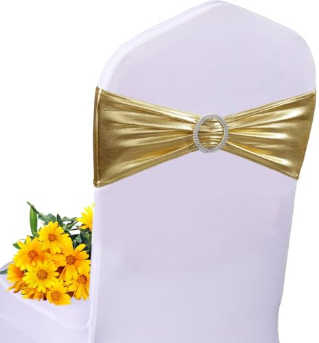 AIRIT LOVELY Goldene Stuhlschärpen, 50 Stück, Elastan, Metallic-Gold, Bänder für Stühle, dehnbar, goldene Stuhlschleifen mit Blucke, für Brautparty, Babyparty, Geburtstag, Bankett, Party-Dekorationen