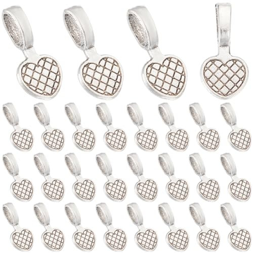 SUNNYCLUE 100Pcs Small Heart Shaped Silver Alloy Tibetan Style Glue On Pendant Bails for DIY Jewellery Making