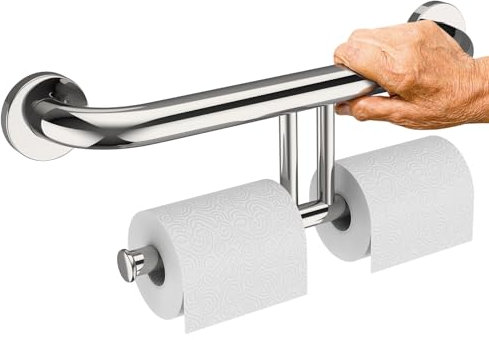 17 Inch Grab Bar w/Double Toilet Paper Roll Holder Chrome, iHansee Stainless Steel Shower Support Balanced Support Handle, Wall Mounted Safety Handrail Grab Rail for Elderly Senior Handicap Disabled