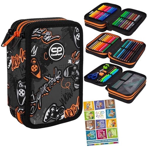 Goldkids - Federmäppchen 3 Fächer - Mäppchen für Mädchen und Jungen - Federmappe 3-Fach Federtasche Gefüllte Schüleretui 46-teilig - Schulmäppchen und Hausaufgabenheft - Gamepad Motiv