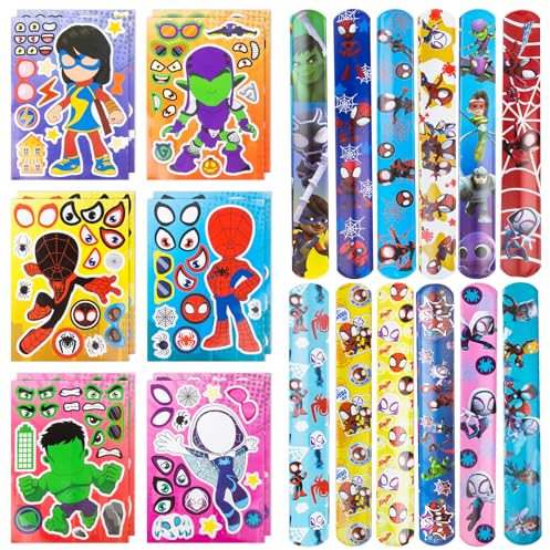 Luchild 24Pcs Super Held Mitgebsel Kindergeburtstag Spielzeug Set mit 12 DIY Sticker Aufkleber 12 Schnapparmband für Geschenk Give Aways Kinder Geburtstag Deko Party Zubehör Jungen Mädchen