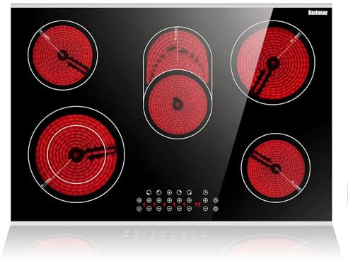 Karinear Placa Vitrocerámica 5 Fuegos 77 cm, Controles táctiles, Temporizador de 1 a 99 minutos, Ajuste de potencia de 9 posiciones, Bloqueo para niños, 220-240 V, Sin enchufe (8400 W)