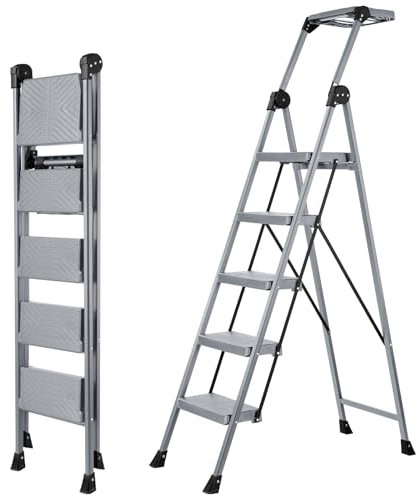 XinSunho 5 Step Ladder, Foldable Handrail & Tool Tray Step Stool, Sturdy Steel Folding Stepladder For Home, Non-Slip Portable Ladder For Kitchen, Library And Office,Maximum Load 660 lbs,Silver Grey