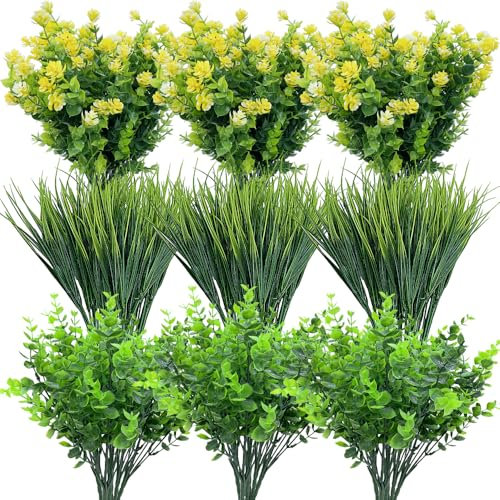 Kingrun 18 Bouquets Fleurs Artificielles Deco, UV Résistant Herbe de Blé en Plastique Buissons de Fleurs Plantes buis artificiels Suspendues Plantes Artificielles pour Maison Balcon Jardin Extérieur