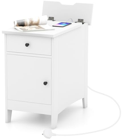 COSTWAY Nachttisch mit Schublade, Beistelltisch mit USB-Anschlüssen & Steckdosen & Fach, Nachtschrank für Wohnzimmer, Schlafzimmer, schmaler Couchtisch, 60 x 35 x 60 cm (1 Pack,Weiß)