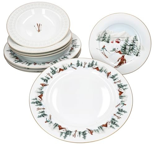 MamboCat Chalet - Set di piatti per 4 persone, per cena invernale, con decorazione da sci e alpi, 4 piatti piani, piatti fondi e piatti da torta in porcellana