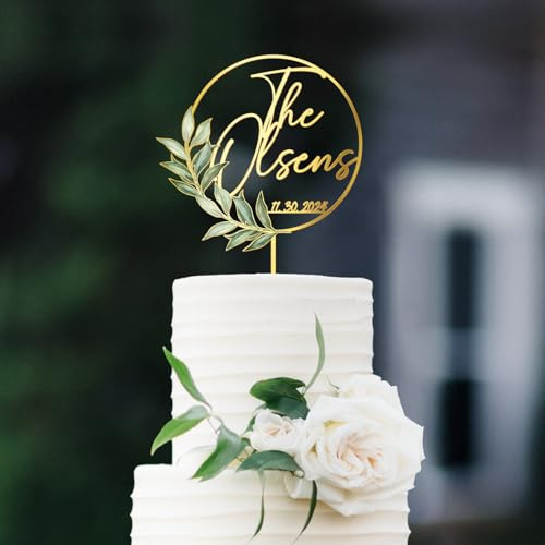 Personalized Wedding Cake Topper with Custom Bride & Groom's Last Name and Wedding Date Round Cake Decoration with Green Leaves