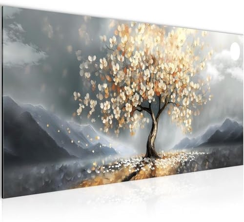 Runa Art Wandbild Baum 100 x 40 cm Modern Bild auf Vlies Leinwand Abstrakt Wohnzimmer Schlafzimmer Grau Gold 054412a