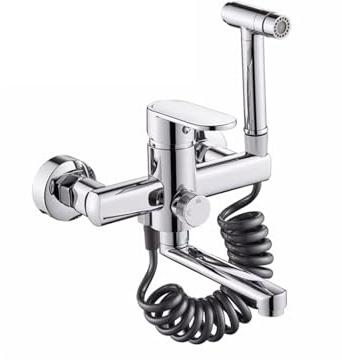 TYMYW Rubinetto per Cucina a Muro con Doccetta Miscelatore Caldo E Freddo 180° Rotabile Rubinetto in Ottone a Doppio Foro,Argento Cromato,30 Cm