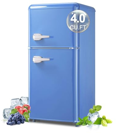 Retro Mini Fridge with Freezer 4.0 Cu. Small Fridge with 7 Level Adjustable Thermostat, Classic Compact Double Door Refrigerator, Removable Glass Shelves for Apartments