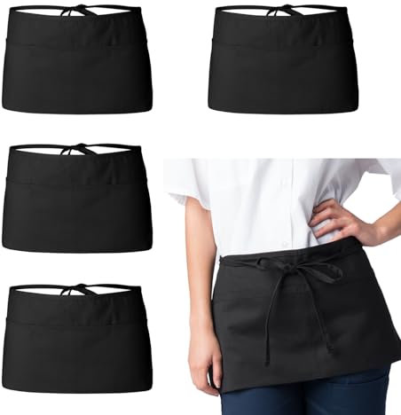 Xumann 4 Pcs Black Half Waitress Apron, Short Cleaning Waist Apron with Pockets for Anti Fouling Cleaning