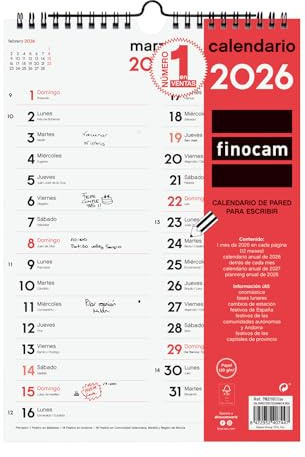Finocam Wandkalender 2026 zum Schreiben mit zwei Spalten, Monatsansicht, Januaransicht, Dezember (12 Monate), Kalender 2026 zum Notizen, neutraler Monatsplaner – Spanisch