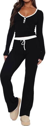 LACOZY Womens 2 Piece Long Sleeve Tank Top Matching Lounge Workout Outfits Pajama Sets Cropped Top and Trouser Set Black M