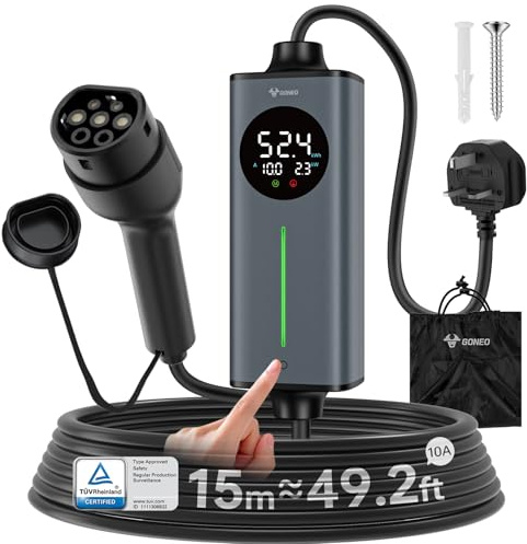GONEO Portable EV Charger 15M | 3 Pin UK Plug to Type 2 Electric Car Charging Cable 10A 2.3kW | Temperature Monitor, Earth Fault & Leakage Protection | Adjustable Current & Timer for Home & Travel