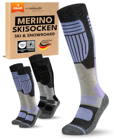 sockenkauf24 Damen Merino Skisocken 2 Paar Thermo Winter Kniestrümpfe mit Polsterung für Ski und Snowboard