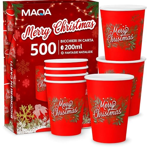 MAQA - 500 Bicchieri Acqua Carta Natalizi -Merry Christmas- 200ml, Biodegradabili e Compostabili – Bicchieri Carta Monouso Eco-Friendly per Bevande Calde e Fredde – Ideali Per Natale