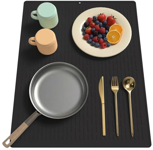 40 x 50 cm Dish Drying Mat with Built-In Grooves，Non-Slip Silicone Kitchen Draining Board Mat，Heat Resistant and Easy Clean Multi-Usage Dish Drying Pad for Kitchen Counter/Sink/Fridge Drawer(Black)