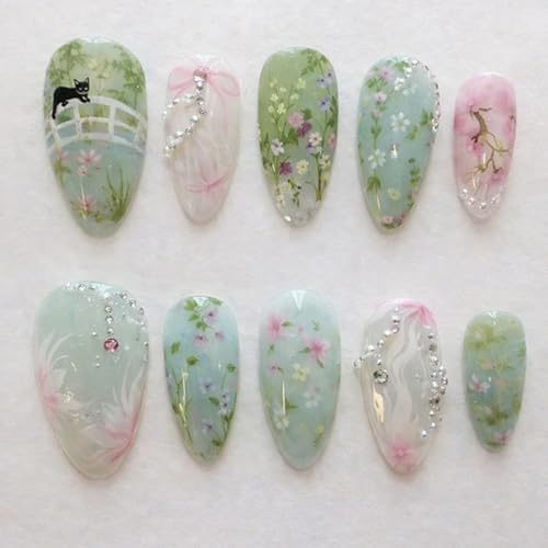 24PCS Mint Green Press-On Nails with Floral Patterns & Rhinestones - Almond-Shaped Cottagecore Designs in Pastel Shades for Elegant Daily Wear, Featuring Crystal Embellishments and Botanical Details