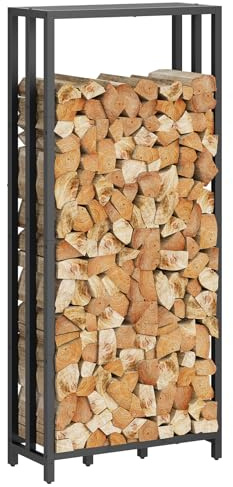 MAHANCRIS Kaminholzregal 60 x 25 x 149,5 cm, Holzregal, Kaminholzhalter Brennholzregal, Metall Stahl Rahmen, für drinnen und draußen, Schwarz AFKBK3301