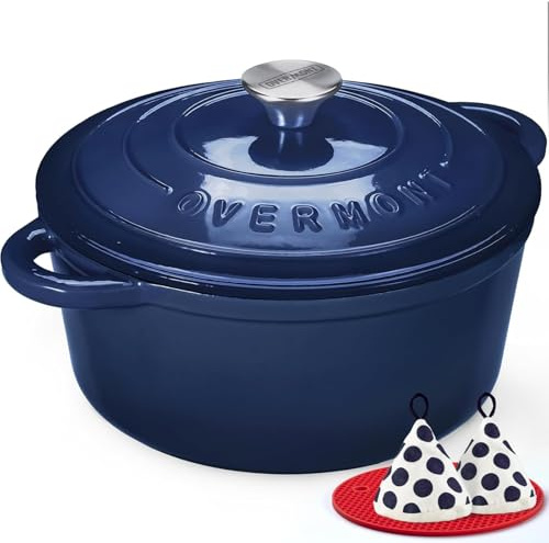 Overmont 28cm/6.6L Enamelled Cast Iron Round Casserole Dish With Lid,7QT, Cookbook -Non-stick Dutch Oven for Braising, Stews, Roasting, Bread Baking - Indigo