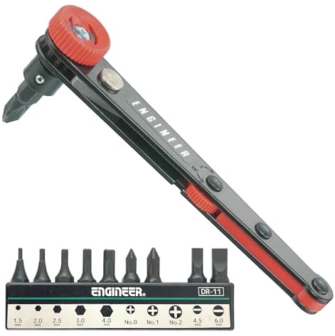 Compact 90 Degree Right Angled Ratchet Screwdriver + Assorted bits, fits into Restricted & confined Places. ENGINEER dr-06