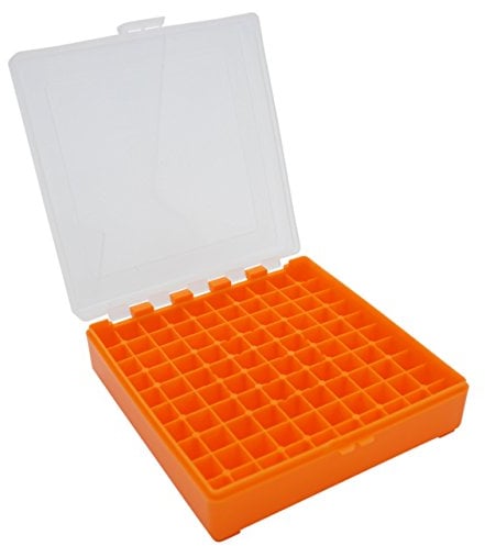 Waffenpflegewelt WPW Patronenbox aus robustem Kunstoff mit Klappdeckel für Kaliber 9 mm para, Kaliber 9 mm Luger, Kaliber 9 x 21, Kaliber .380 Auto 100 Stück orange