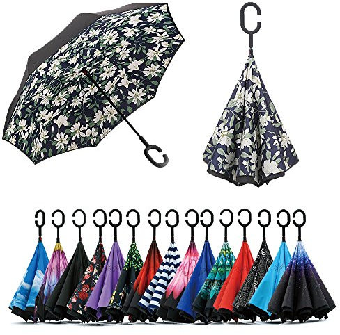 Jooayou Parapluie Inversé, Anti-UV Double Couche Coupe-Vent Parapluie, Mains Libres poignée en Forme C Parapluie